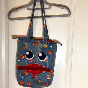Handmade Small Denim Tote Shoulder Bag With Funny Face Cute Core Hippie Y2K